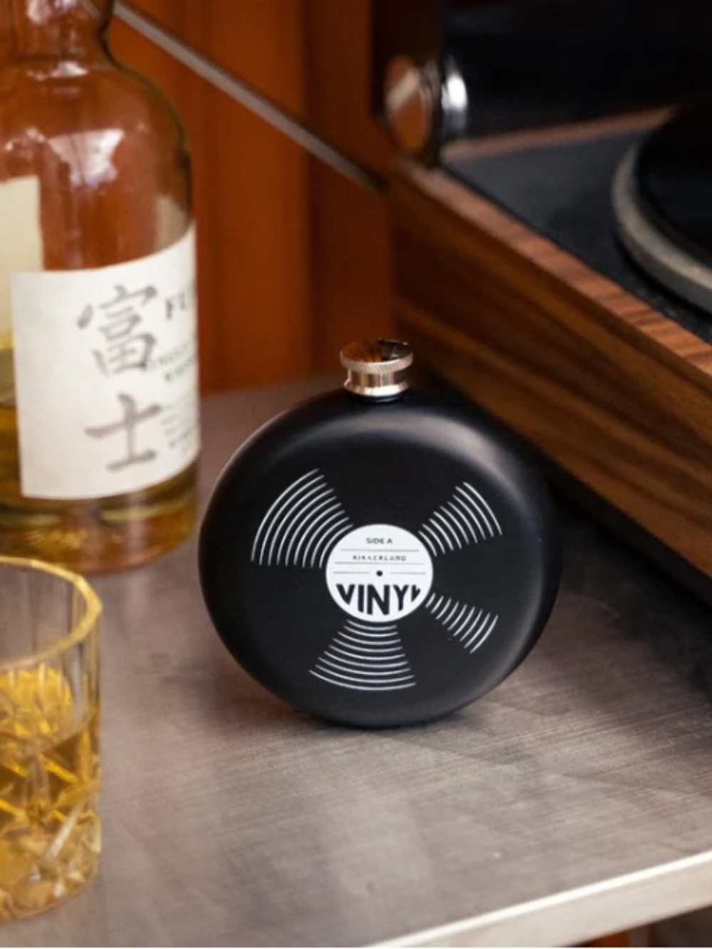 Kikkerland Black Vinyl Record Round Hip Flask